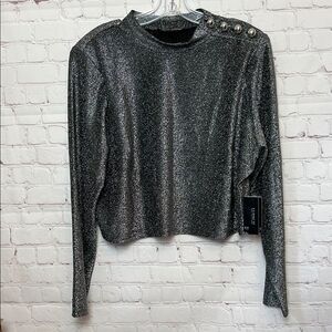 Eloquii Long Sleeve Silver Metallic Mock Neck Top